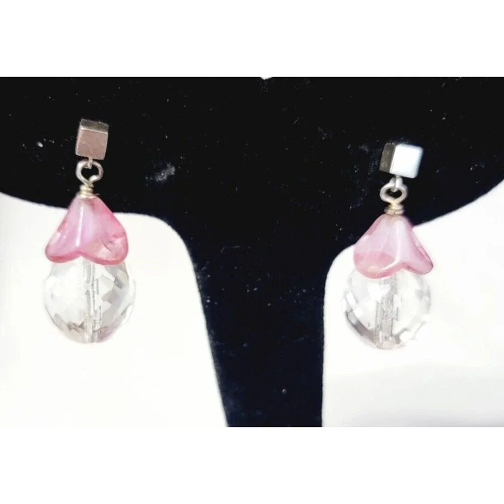 Vintage Dangle Pierced Earrings Faceted Glass, Pink Clear, 11/8
